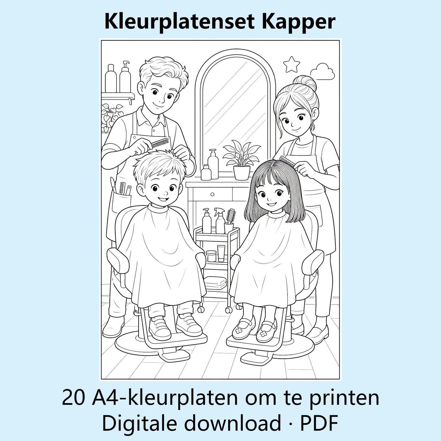 Digitale kleurplatenset Kapper met voorbeelden van zwart-witte A4-kleurplaten over de kapsalon.