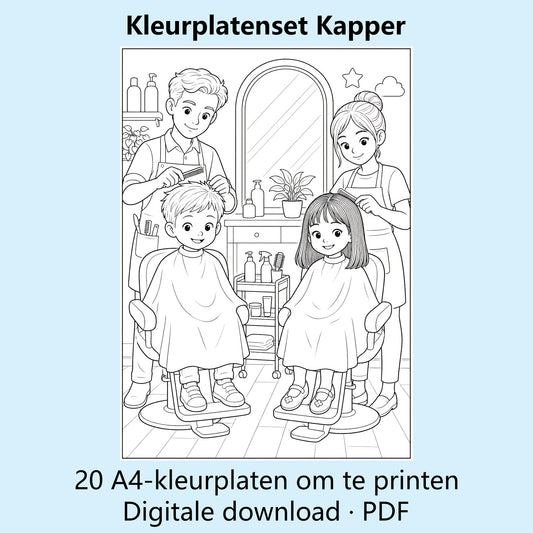 Digitale kleurplatenset Kapper met voorbeelden van zwart-witte A4-kleurplaten over de kapsalon.