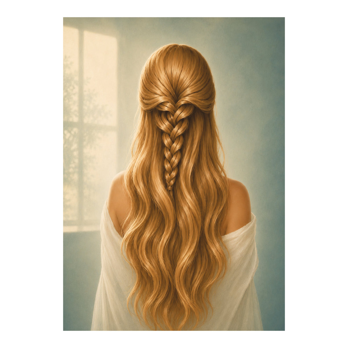 Dromerige poster van een vrouw van achteren met golvend blond haar en een losse vlecht tegen een blauwgroene achtergrond.