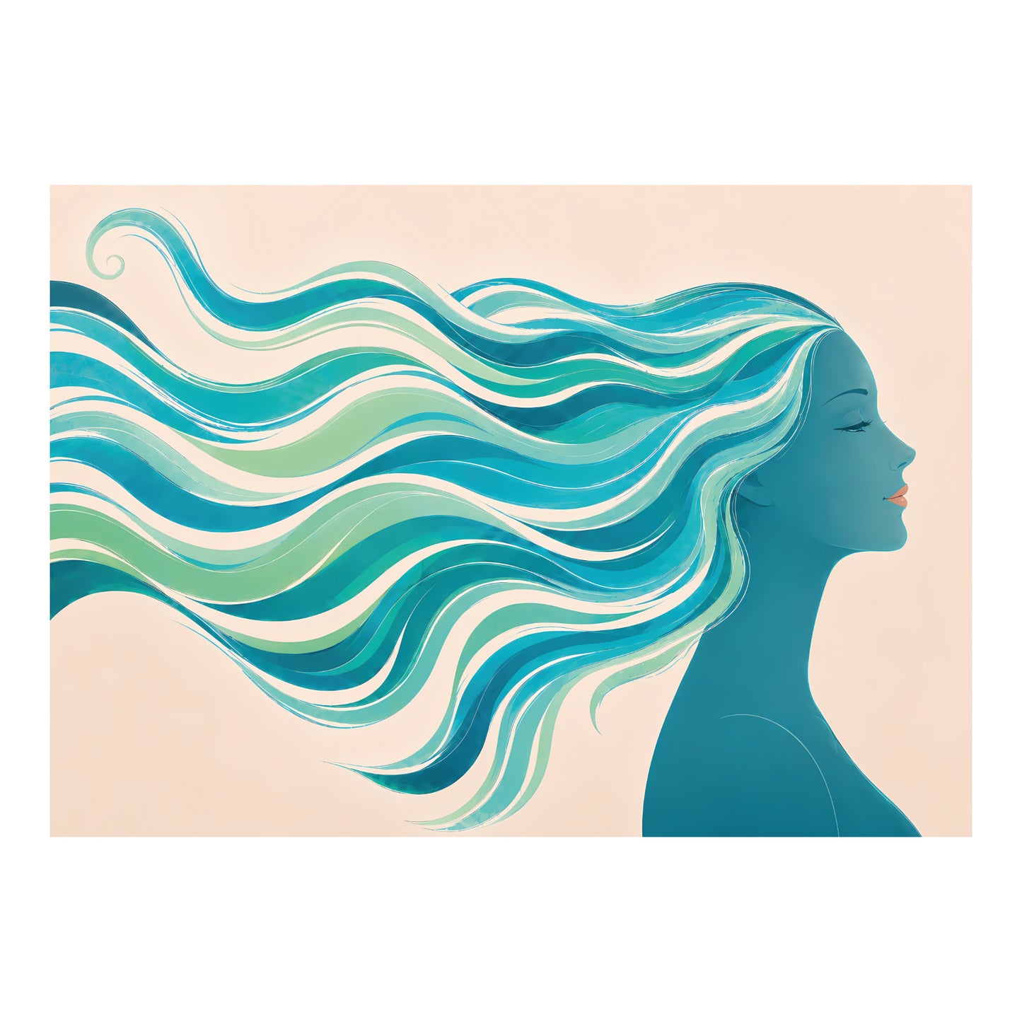 Grafische poster met vrouw in zijaanzicht en golvende haarbanen in turquoise, blauw en mintgroen tegen een lichte achtergrond.