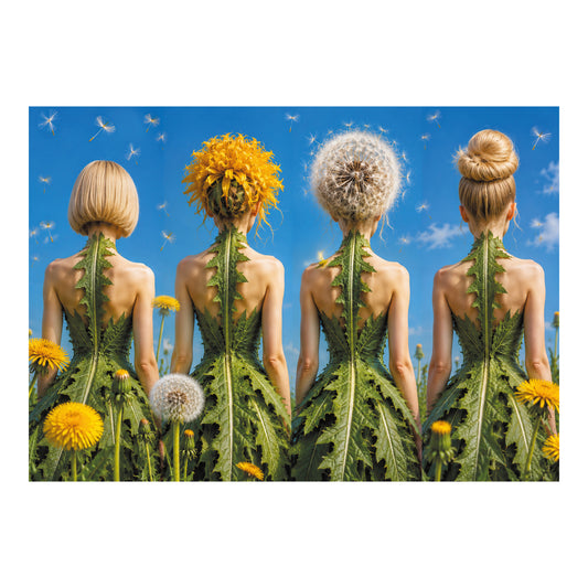 Poster met vier vrouwen van achteren in jurken van paardenbloembladeren en kapsels als blonde bob, gele bloem, pluizenbol en knot.