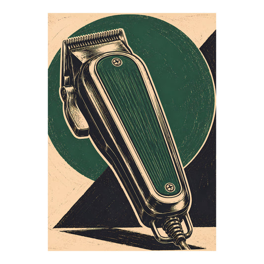 Grafische poster met klassieke tondeuse in zwart, crème en donkergroen tegen een groene cirkel en zwarte geometrische vormen