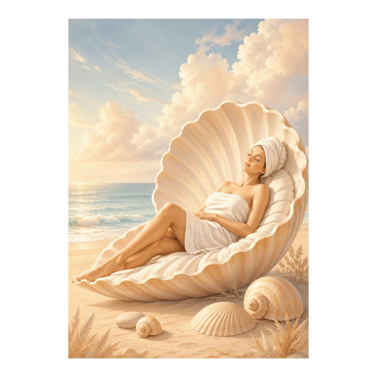 Poster met vrouw gewikkeld in witte handdoeken die met gesloten ogen in een grote open schelp op het strand ligt.