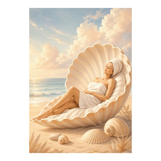 Poster met vrouw gewikkeld in witte handdoeken die met gesloten ogen in een grote open schelp op het strand ligt.