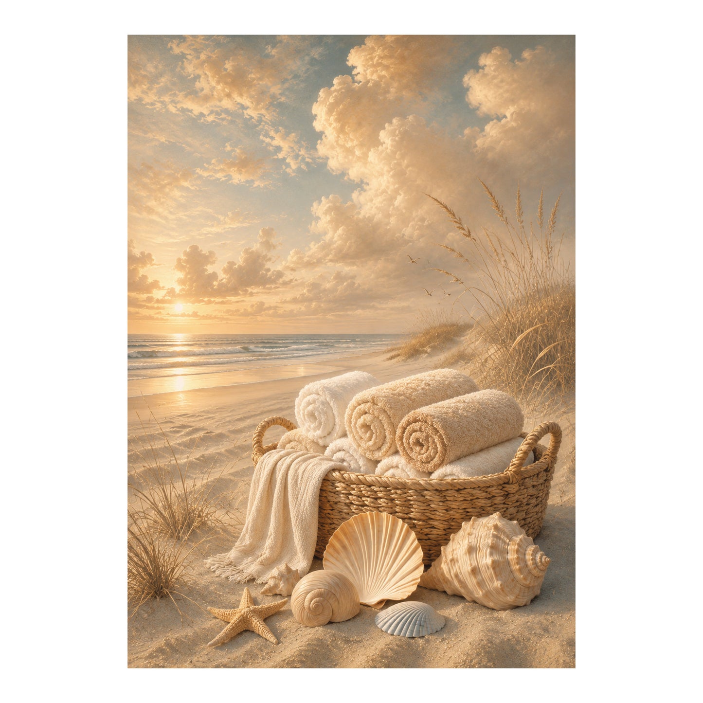 Poster met gevlochten mand vol opgerolde handdoeken, schelpen en een zeester op het strand bij zee.