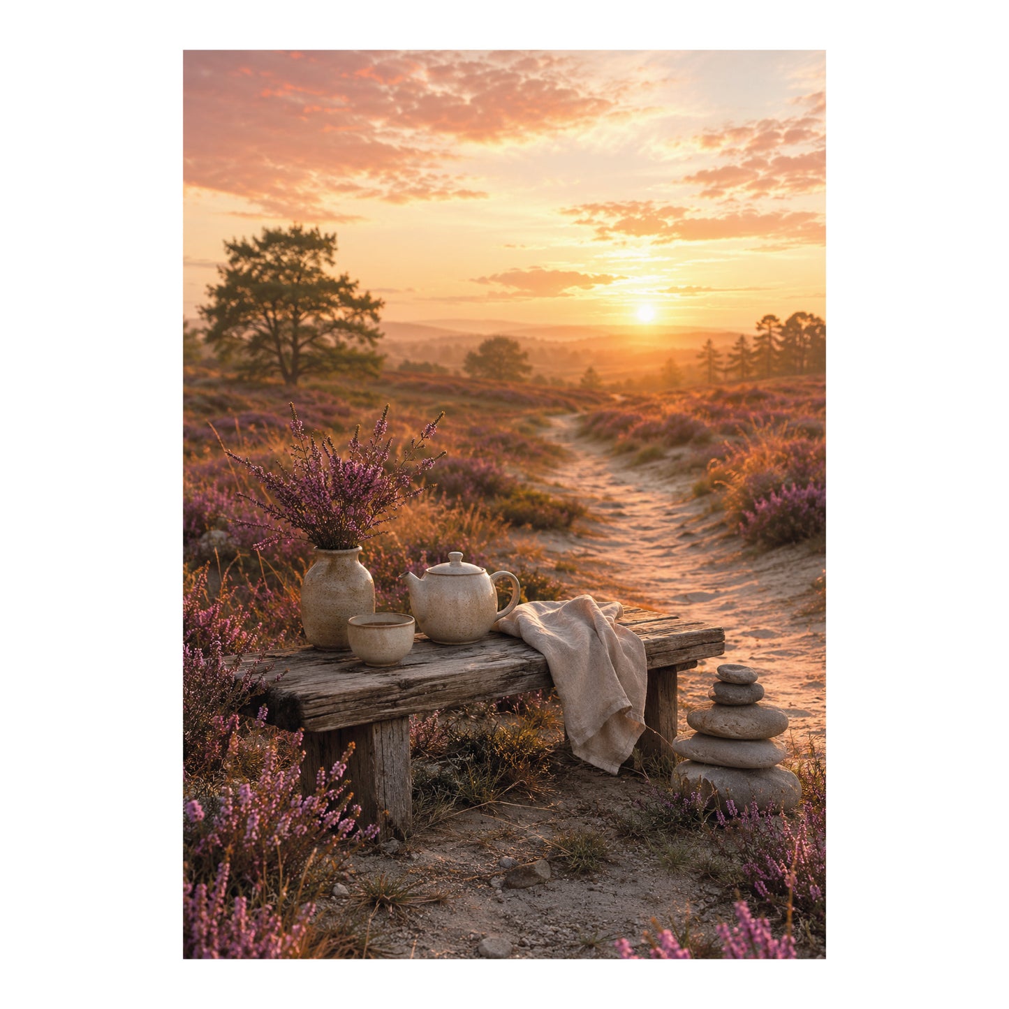 Poster met houten bank, vaas met heide, theepot, kopje en gestapelde stenen op een heideveld bij zonsondergang.