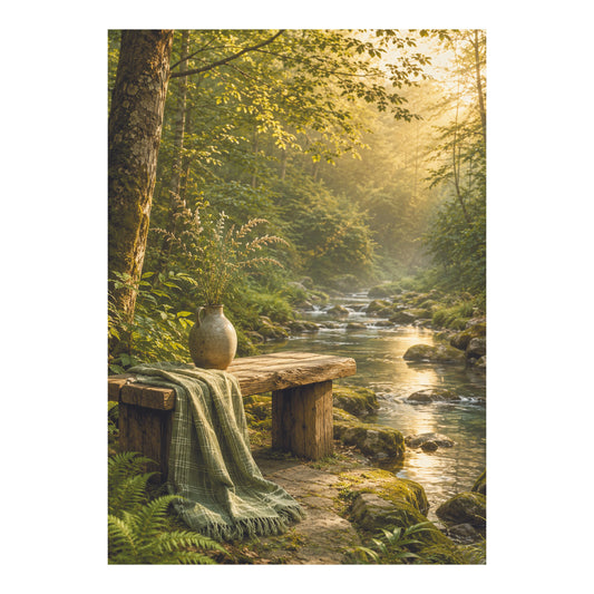 Poster met houten bank, groene doek en aardewerken vaas naast een stromende beek in een groen bos met invallend zonlicht.