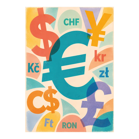 Grafische poster met groot euroteken en internationale valutasymbolen in kleurrijke abstracte vormen voor accountantskantoor of boekhoudkantoor