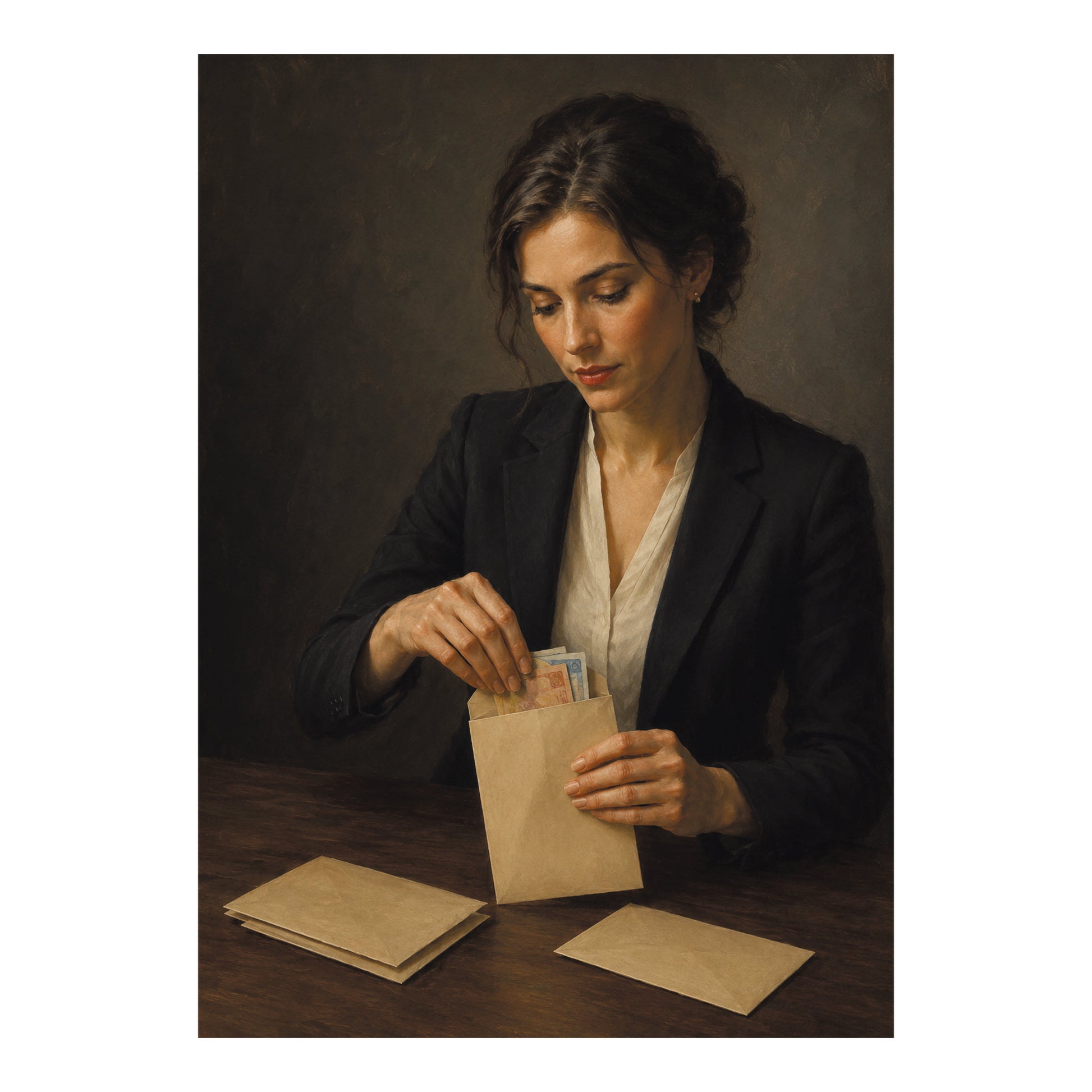 Poster van een vrouw die bankbiljetten in een papieren envelop stopt aan een houten tafel.