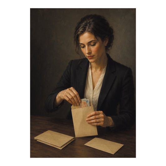 Poster van een vrouw die bankbiljetten in een papieren envelop stopt aan een houten tafel.