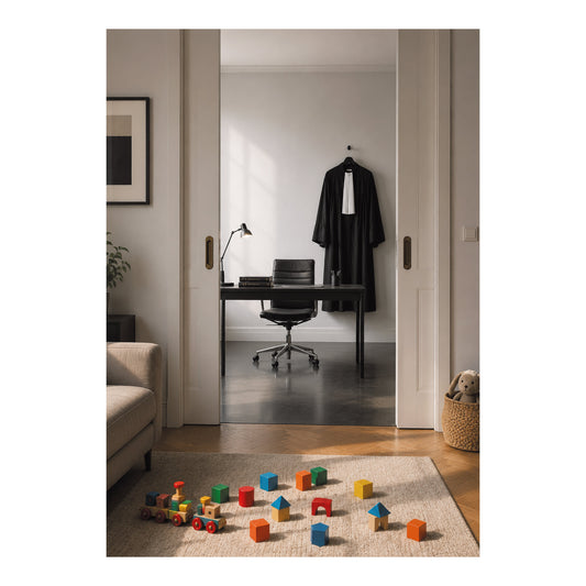 Poster met kinderspeelgoed in een woonruimte en daarachter een werkkamer met bureau, wetboeken en zwarte toga
