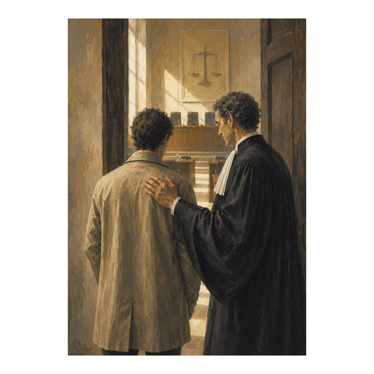 Poster van een advocaat in toga die een cliënt begeleidt bij de ingang van een rechtszaal.