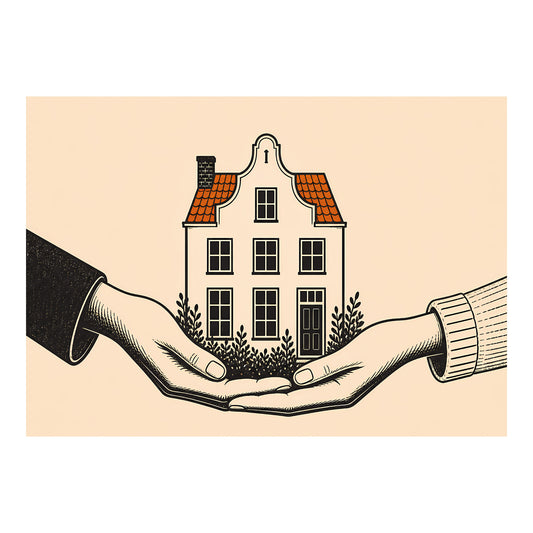 Grafische poster met klassiek Nederlands huis met trapgevel dat in twee open handen rust