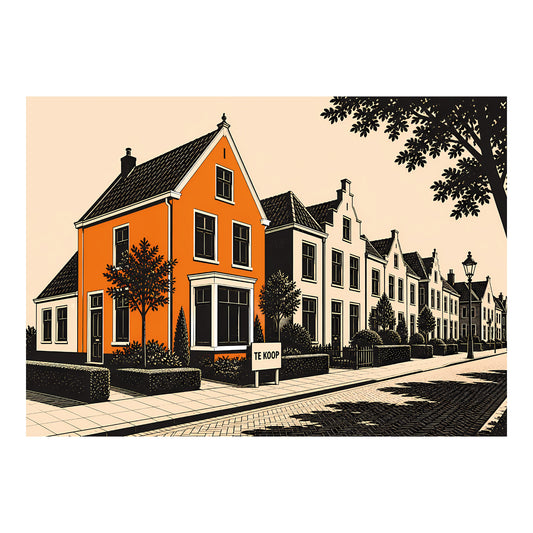 Grafische poster met oranje woning in een Nederlandse straat en een bord met de tekst Te Koop
