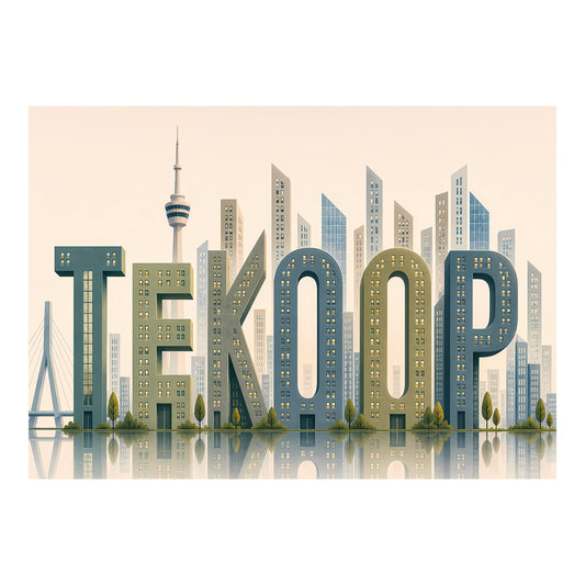 Grafische poster waarin de letters TE KOOP gebouwen vormen voor een moderne skyline met hoogbouw, bomen, brug en uitkijktoren