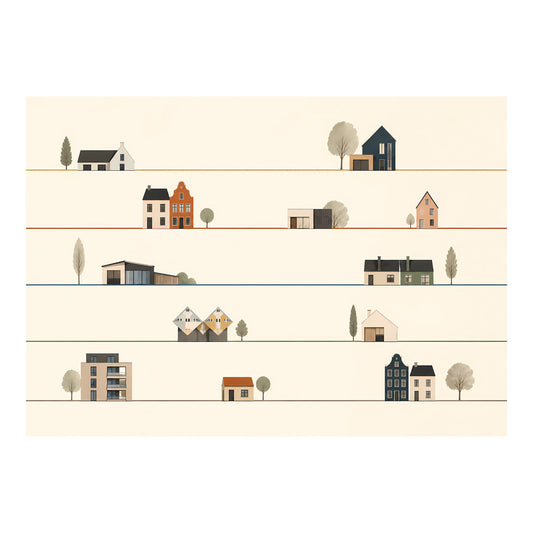 Grafische poster met verschillende woningtypen in vijf horizontale rijen, waaronder vrijstaande huizen, moderne woningen en appartementen