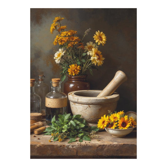 Schilderachtige poster met stenen vijzel, glazen flessen, groene kruiden en gele, oranje en witte bloemen