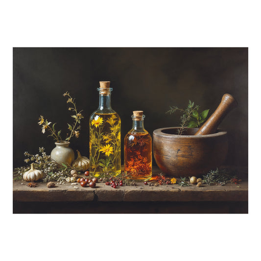 Poster met glazen kruidenflessen, bloemen en houten vijzel voor apotheek of drogisterij