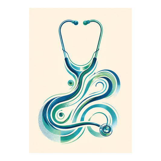 Grafische poster met stethoscoop en vloeiende blauwe en groene vormen voor huisartsenpraktijk of zorgomgeving