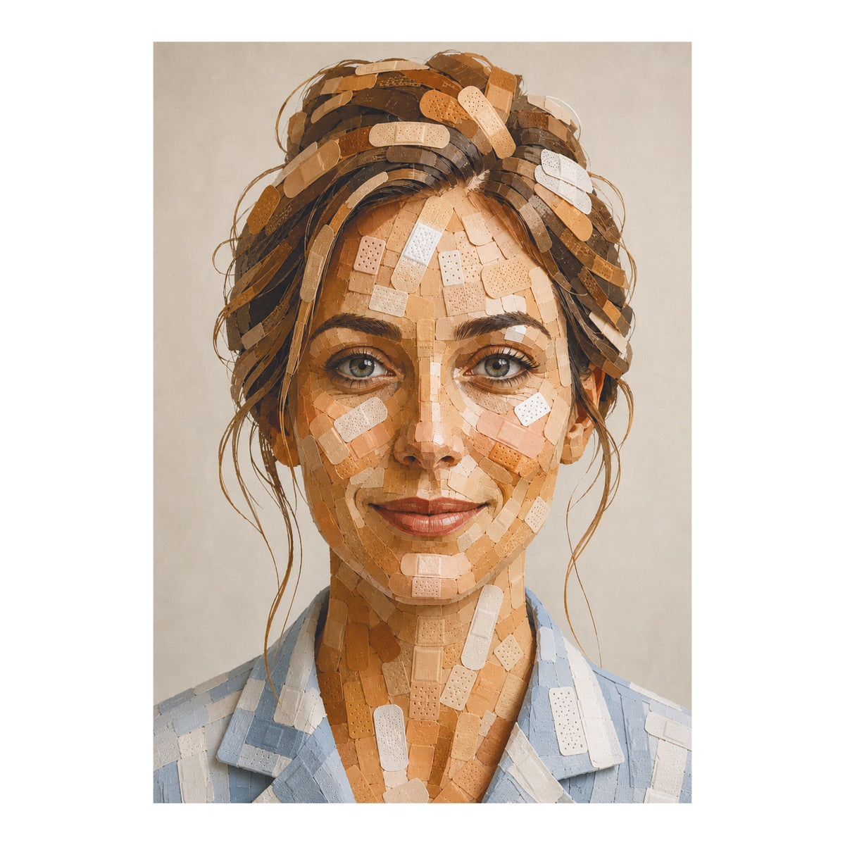 Poster met vrouwenportret waarvan gezicht, haar en kleding volledig uit pleisters zijn opgebouwd