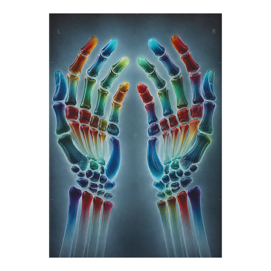 Poster met kleurrijk röntgenbeeld van twee handen voor radiologieafdeling of zorgpraktijk