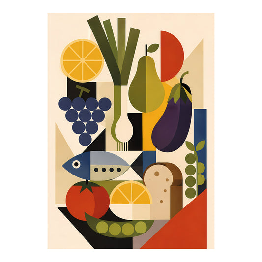Grafische poster met fruit, groenten, vis en brood voor diëtistenpraktijk of horeca