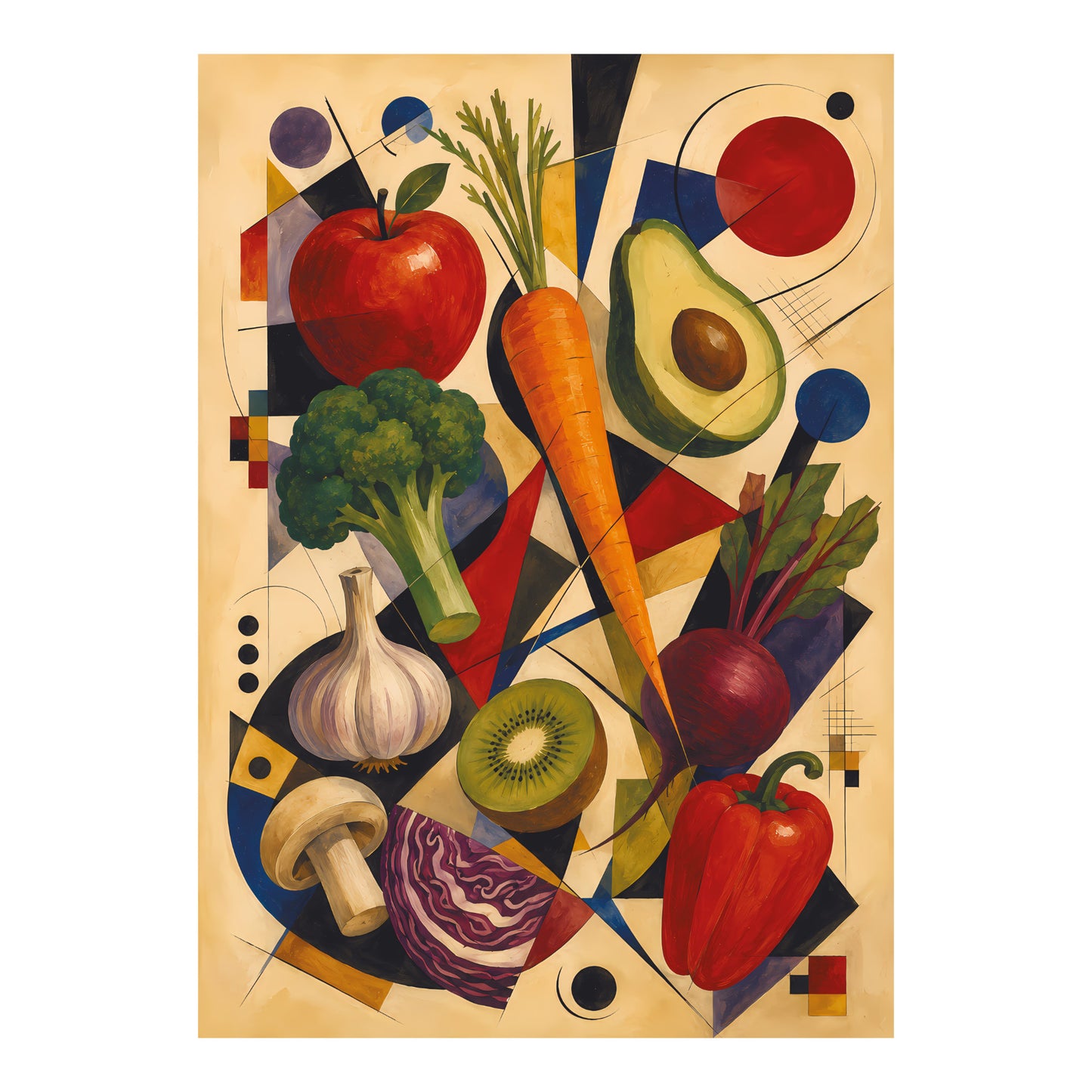Abstracte poster met groenten, fruit en geometrische vormen voor diëtistenpraktijk of horeca