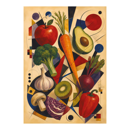 Abstracte poster met groenten, fruit en geometrische vormen voor diëtistenpraktijk of horeca