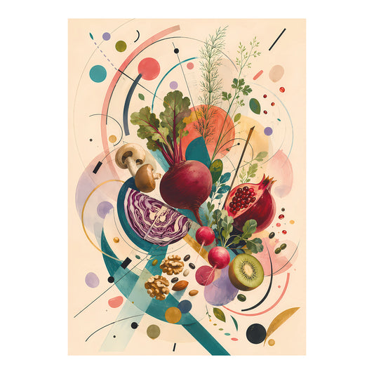 Kleurrijke poster met groenten, fruit, kruiden en noten voor diëtistenpraktijk of horeca