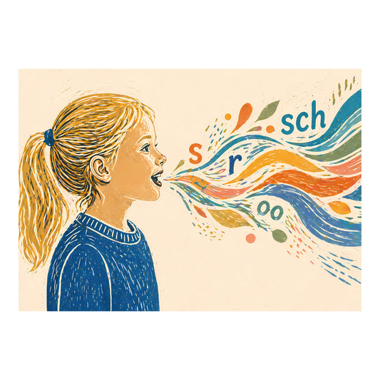 Artistieke poster met meisje in profiel en kleurrijke spraakstroom met letters en klanken voor logopedie