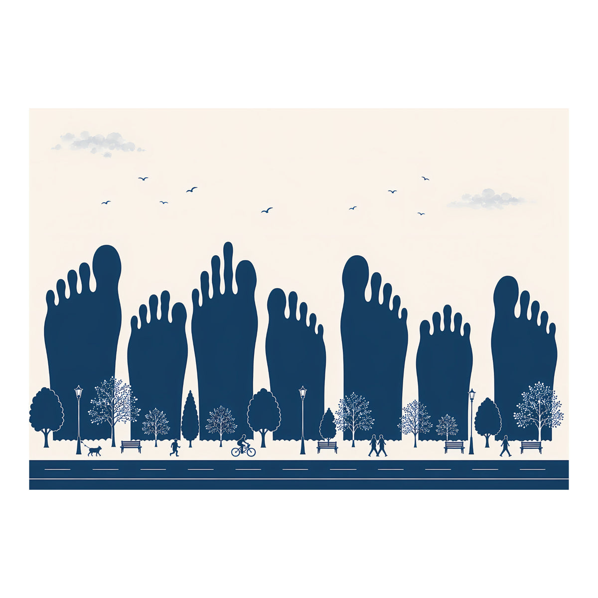 Grafische poster met grote voetsilhouetten boven een stadsbeeld met bomen, wandelaars en fietsers voor podotherapie