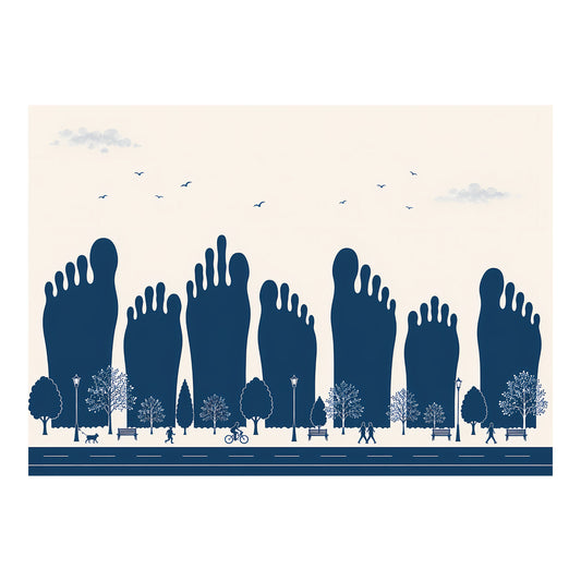 Grafische poster met grote voetsilhouetten boven een stadsbeeld met bomen, wandelaars en fietsers voor podotherapie