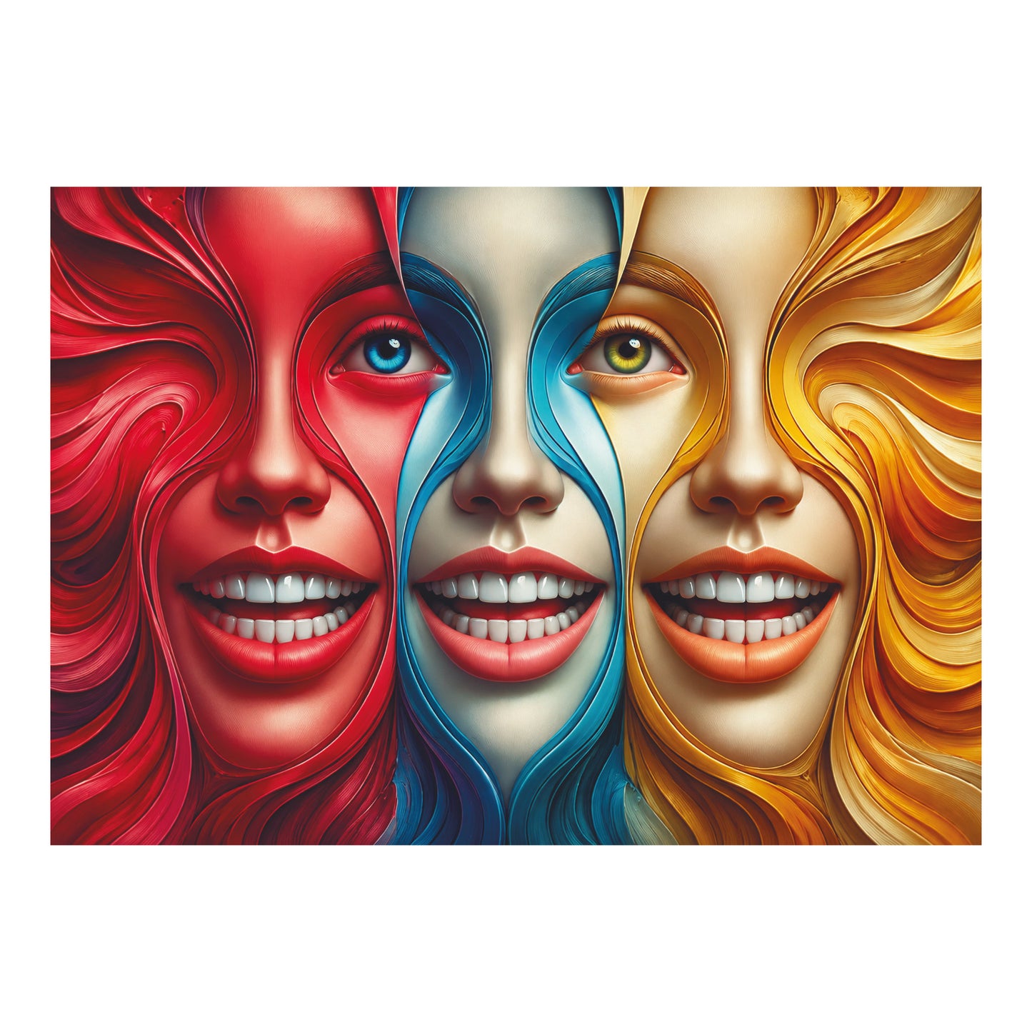 Kleurrijke poster met drie gestileerde vrouwengezichten in rood, blauw en goud met duidelijk zichtbare glimlachende tanden