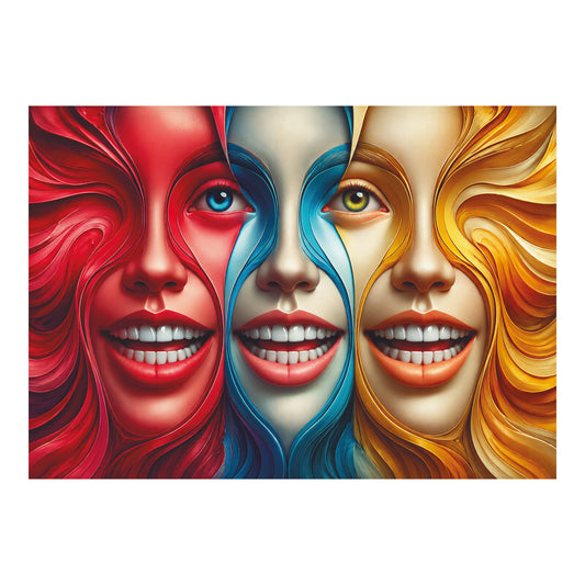 Kleurrijke poster met drie gestileerde vrouwengezichten in rood, blauw en goud met duidelijk zichtbare glimlachende tanden