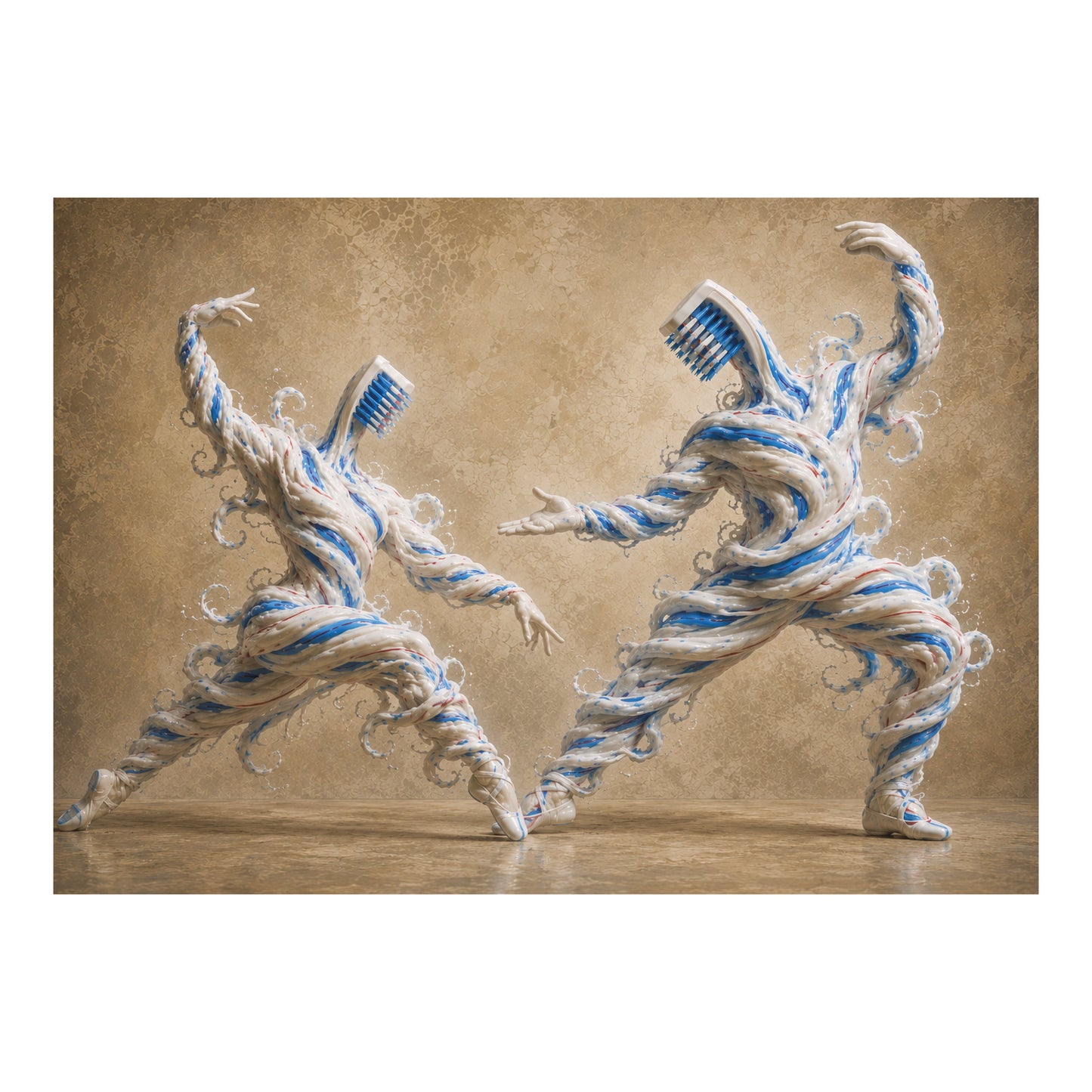 Poster met twee dansende figuren van tandpasta met tandenborstelkoppen voor tandartspraktijk of mondzorgruimte