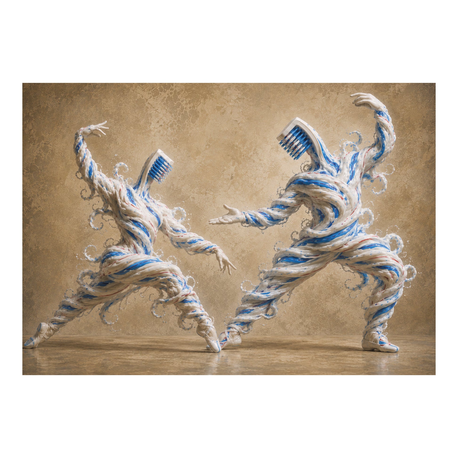 Poster met twee dansende figuren van tandpasta met tandenborstelkoppen voor tandartspraktijk of mondzorgruimte