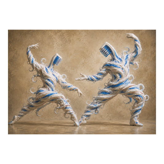 Poster met twee dansende figuren van tandpasta met tandenborstelkoppen voor tandartspraktijk of mondzorgruimte