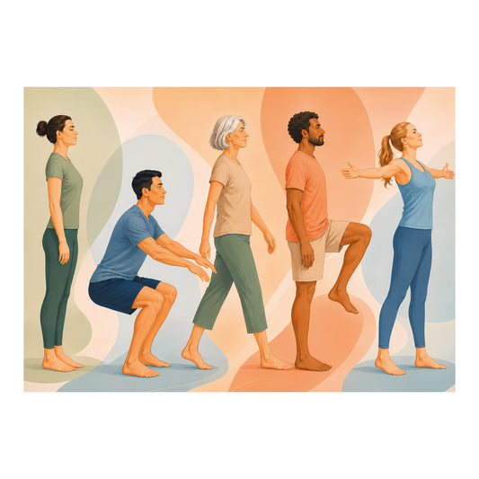 Poster met vijf personen die verschillende bewegingsoefeningen uitvoeren voor fysiotherapie of oefentherapie