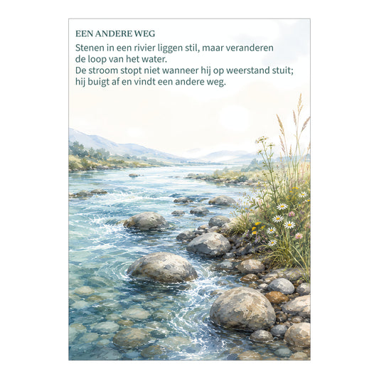 Poster Een andere weg met een rivier die tussen stenen door stroomt en tekst over omgaan met weerstand