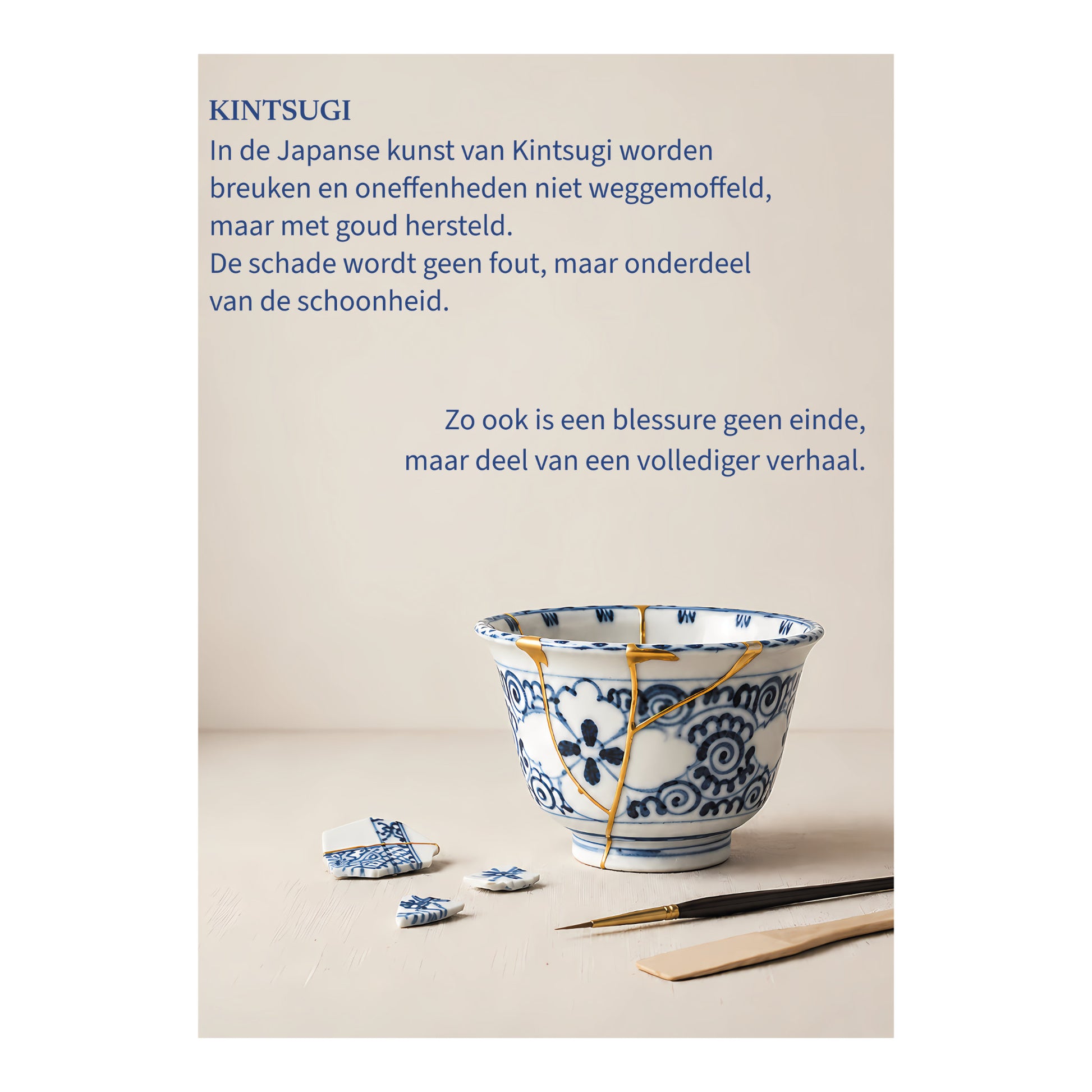 Kintsugi-poster met een gebroken blauw-witte kom die met goud is hersteld en tekst over herstel na een blessure