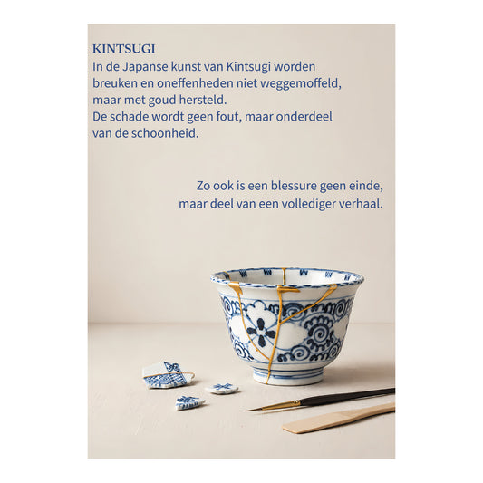 Kintsugi-poster met een gebroken blauw-witte kom die met goud is hersteld en tekst over herstel na een blessure