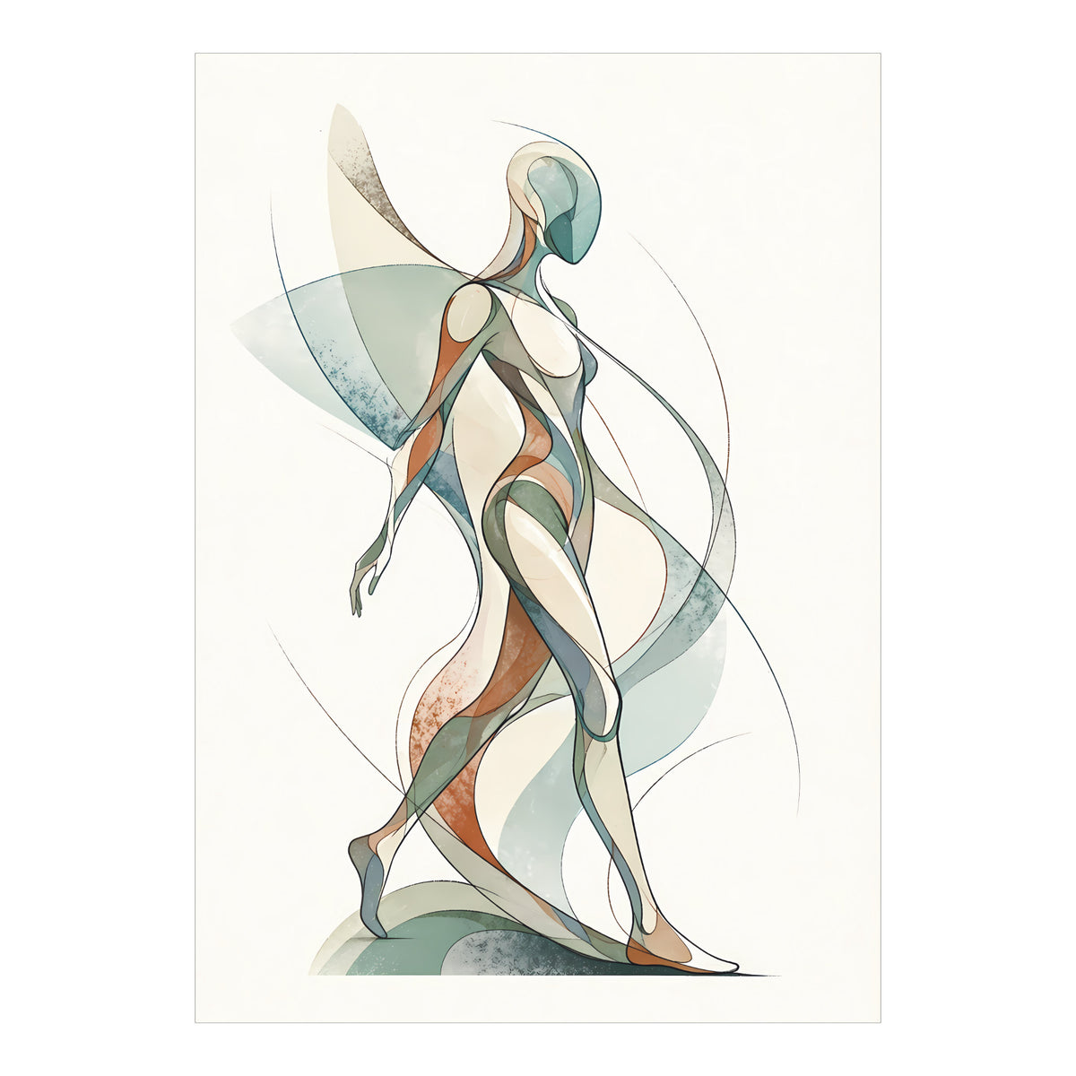 Abstracte poster met een stappende menselijke figuur en vloeiende lijnen voor fysiotherapie of oefentherapie
