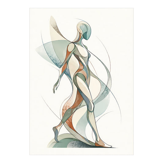 Abstracte poster met een stappende menselijke figuur en vloeiende lijnen voor fysiotherapie of oefentherapie