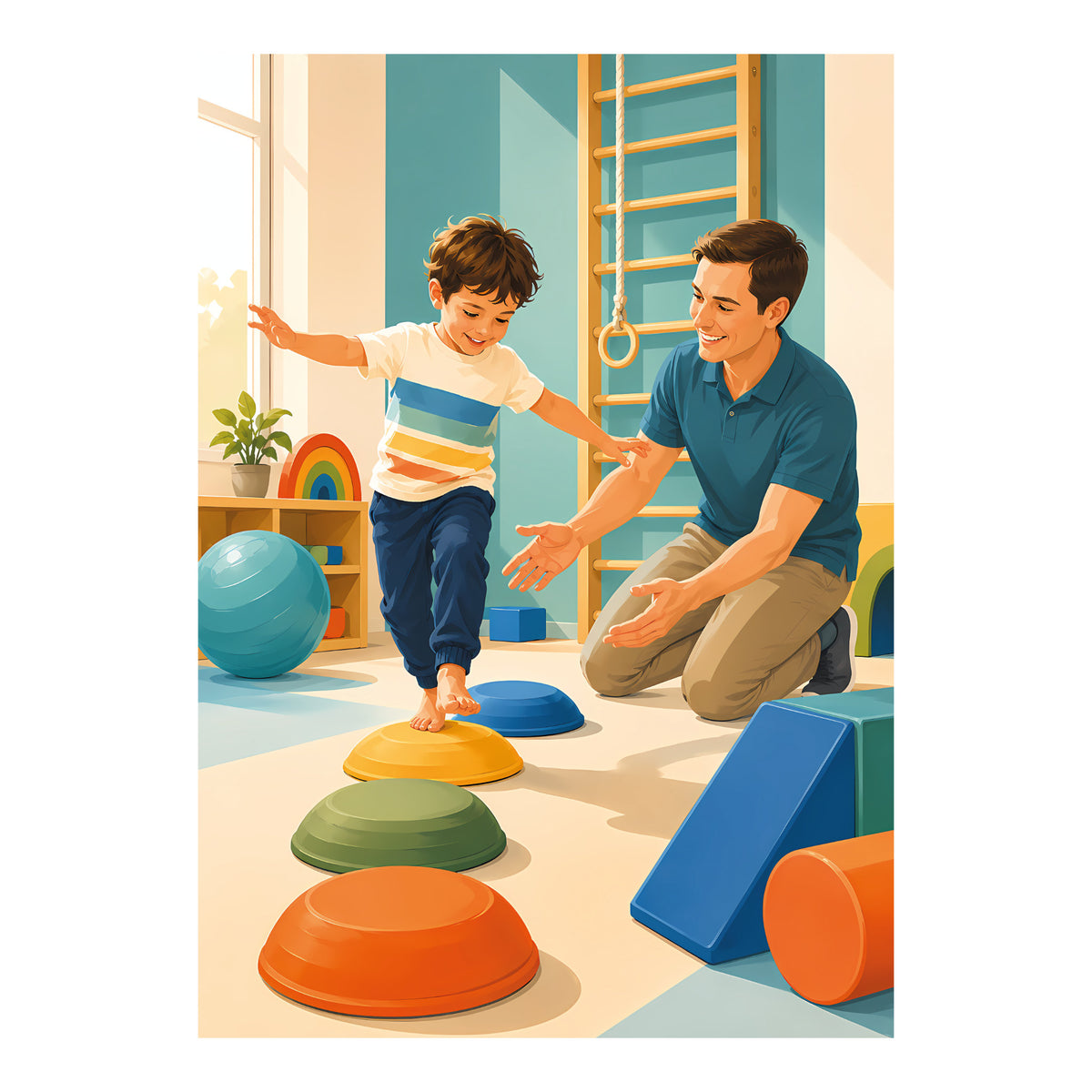 Poster met jongen op gekleurde balansstenen en mannelijke kinderfysiotherapeut in een oefenruimte