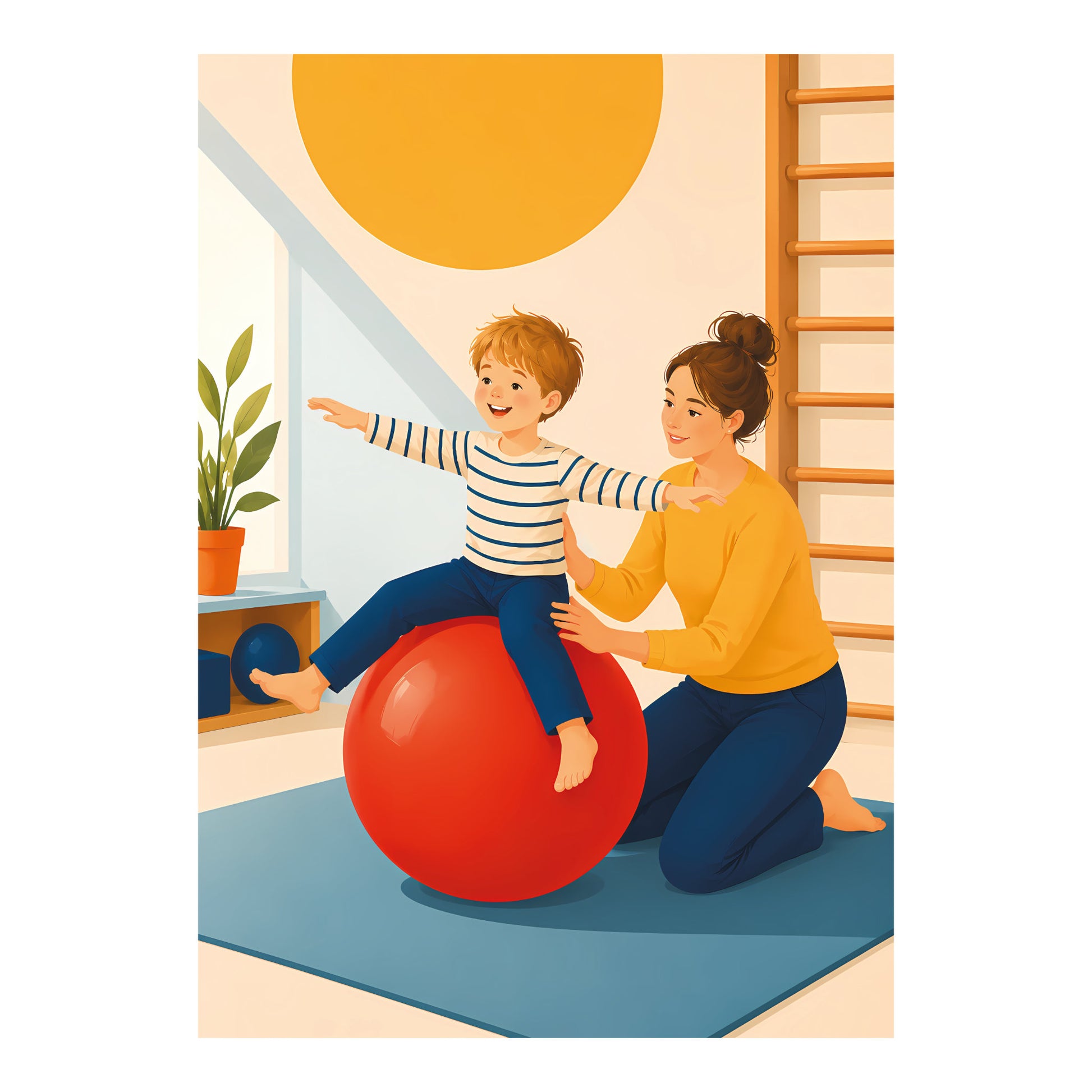 Poster met jongen op rode oefenbal en vrouwelijke kinderfysiotherapeut tijdens een balansoefening