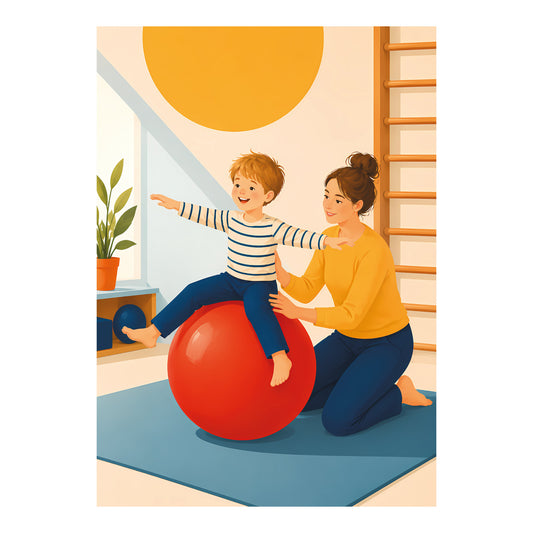 Poster met jongen op rode oefenbal en vrouwelijke kinderfysiotherapeut tijdens een balansoefening