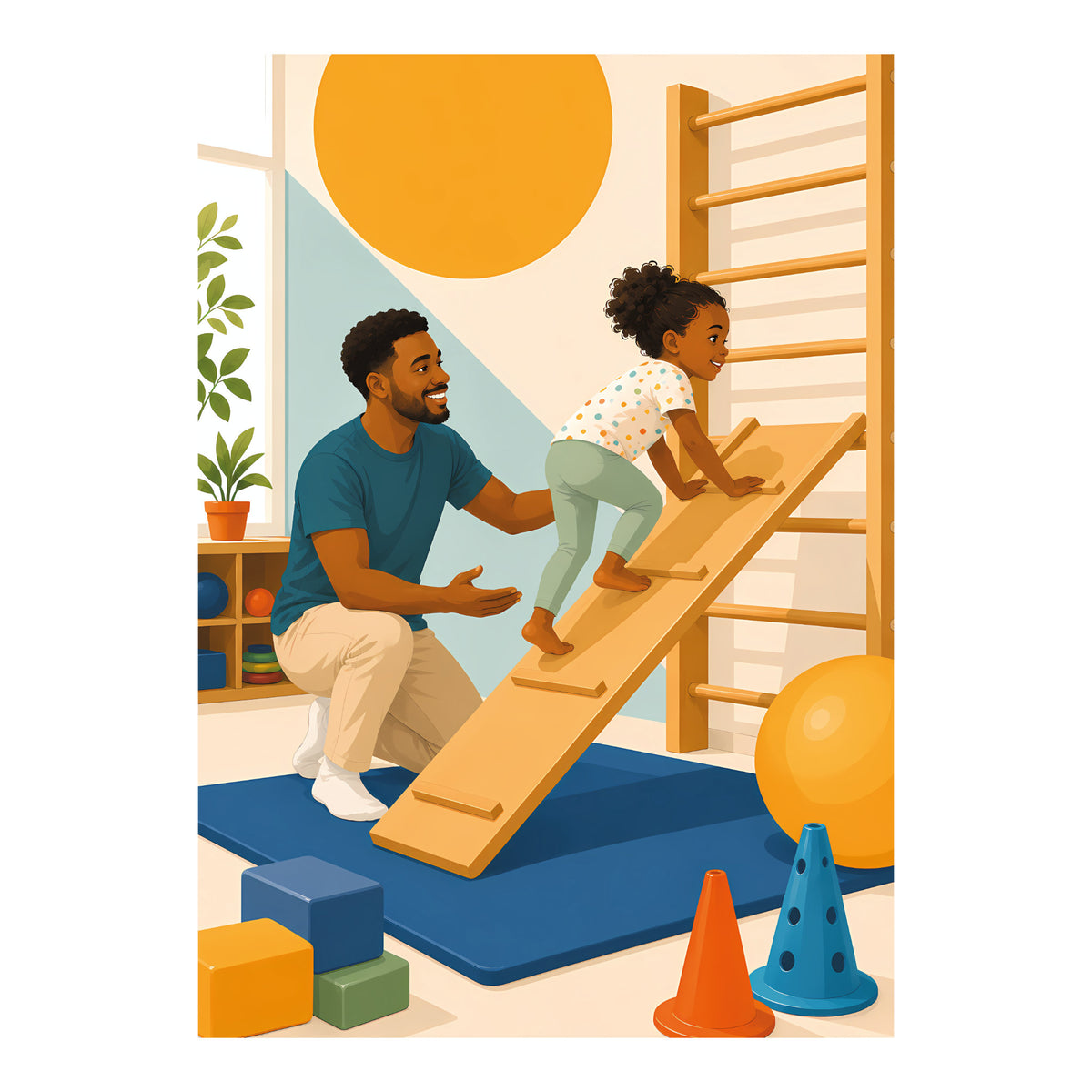 Poster met zwart meisje op houten klimhelling en zwarte mannelijke kinderfysiotherapeut in een oefenruimte