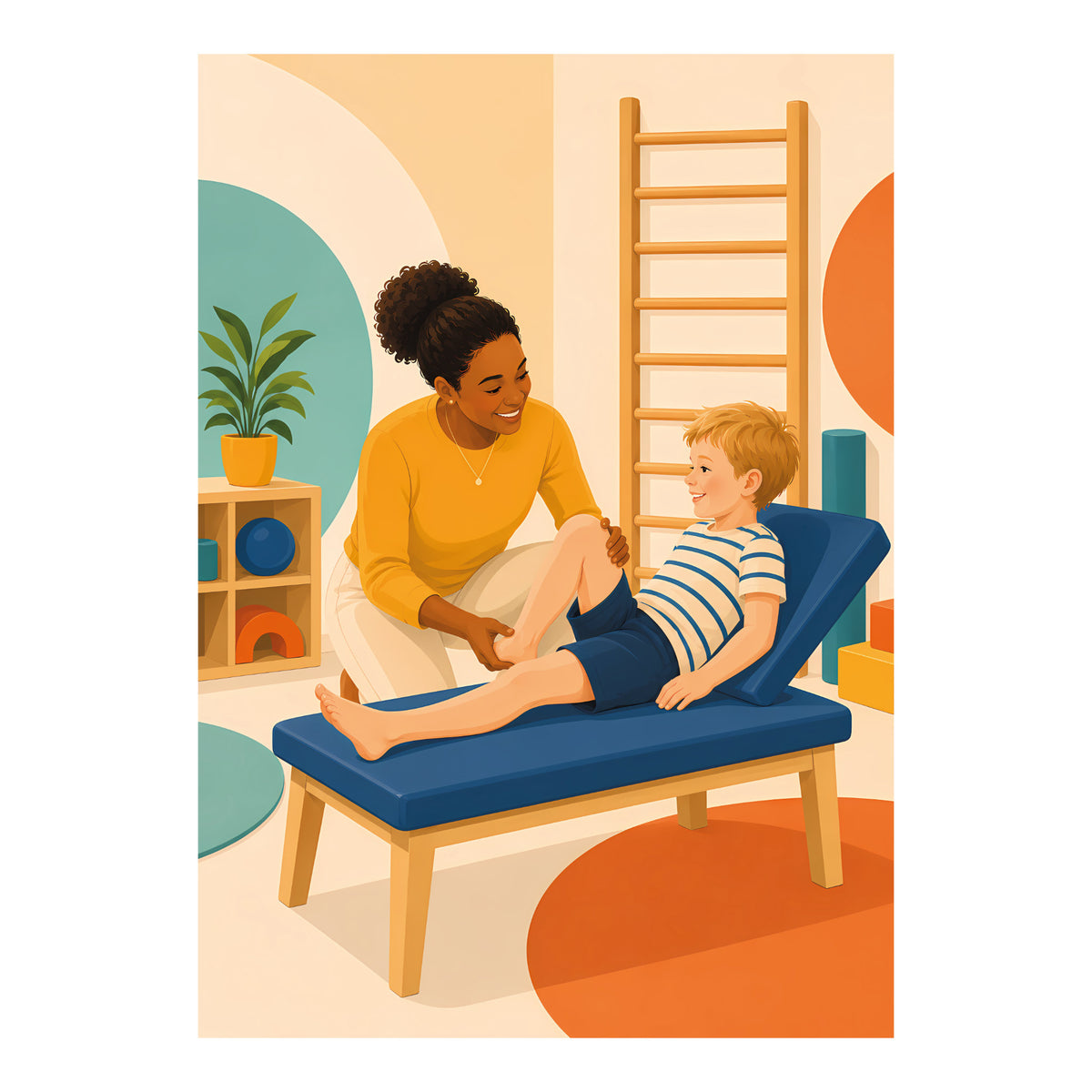 Poster met blanke jongen en zwarte vrouwelijke kinderfysiotherapeut tijdens een oefening van knie en enkel