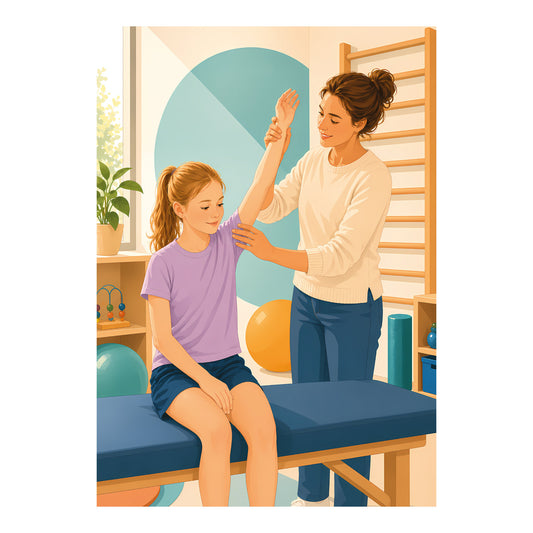 Poster met blank meisje en blanke vrouwelijke kinderfysiotherapeut tijdens een oefening van arm en schouder