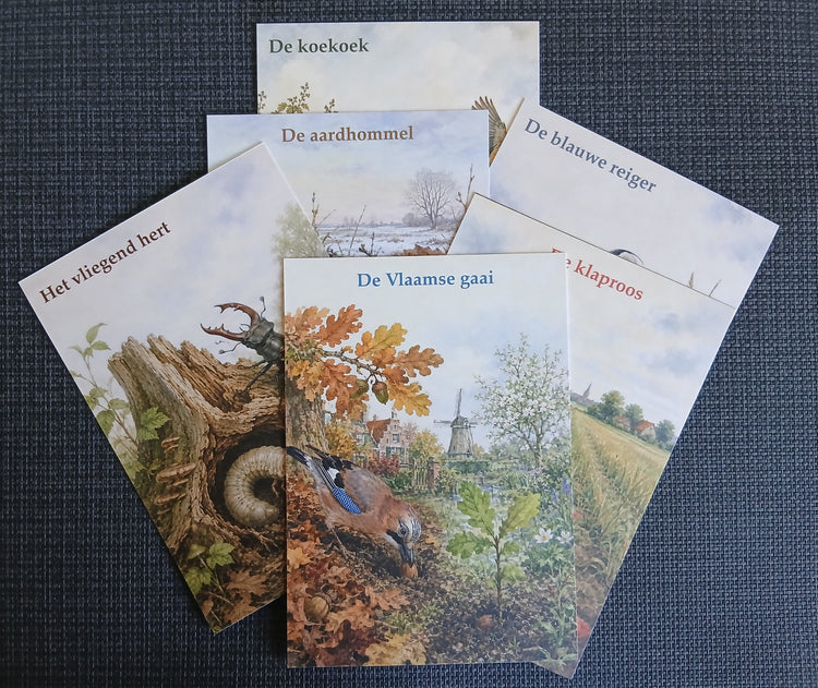 Uitgespreide kaarten met natuurillustraties en korte verhalen.
